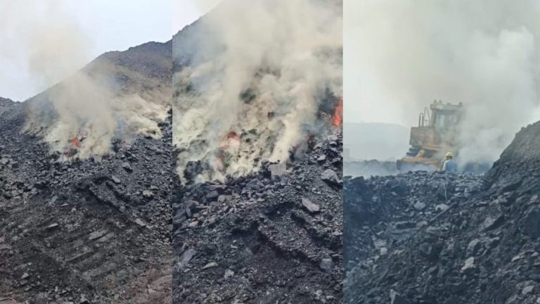 कोरबा: SECL के कोयला स्टॉक में दूसरे दिन भी धधकती रही आग, काबू पाने जुटी रही टीम, इधर खतरे के बीच चलाया जा रहा डोजर