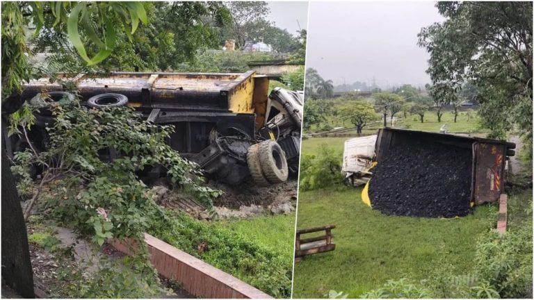 कोरबा: बेकाबू हुआ कोयले से भरा ट्रेलर, रेलिंग तोड़कर गार्डन में पलटा; बड़ा हादसा टला